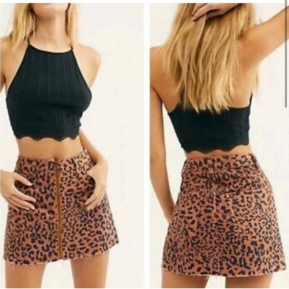 Free People Leopard Denim Mini Skirt Zip Up Western Cowgirl Size 28 - Picture 3 of 6